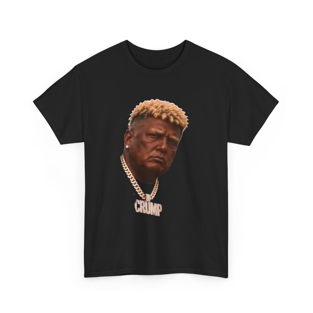 Front of the tee: a big full-color print of Big Crump's face, Cuban link chain and iced CRUMP pendant