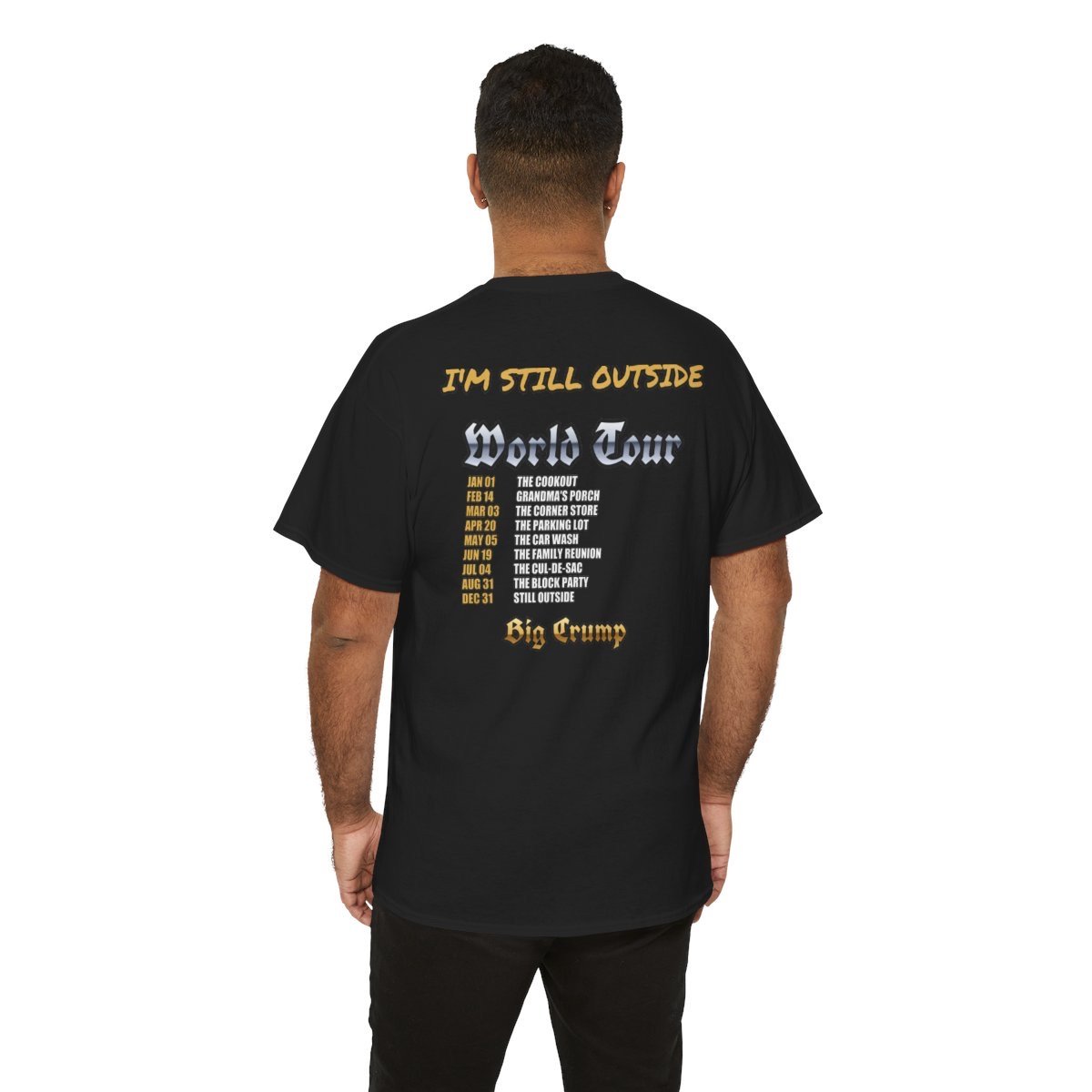 Model wearing the tee, showing the World Tour back